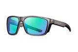 Matte grey frame with blue revo polarized lens