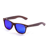 Frame: bamboo brown arm with brown dark frame with blue revo lens