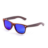 Frame: bamboo brown arm with brown frame with blue revo lens
