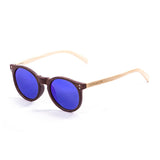 Bamboo arm with brown dark frame with blue revo lens