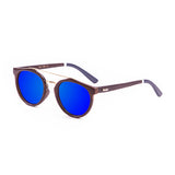 Bamboo brown arm with brown frame with blue revo lens with white/blue dark arm
