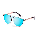 Matte black frame with metal gold temple with revo blue sky flat lens